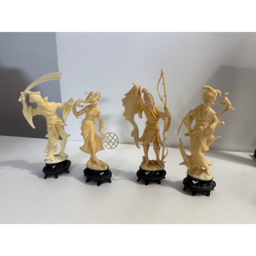 4 Statues Lot Asian Plastic Figurines Fish Sword Collectibles - Made in Italy
